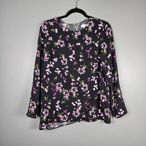 J. Jill Black Floral Layered Faux Wrap Top Blouse Size Small Petite Pearl Button